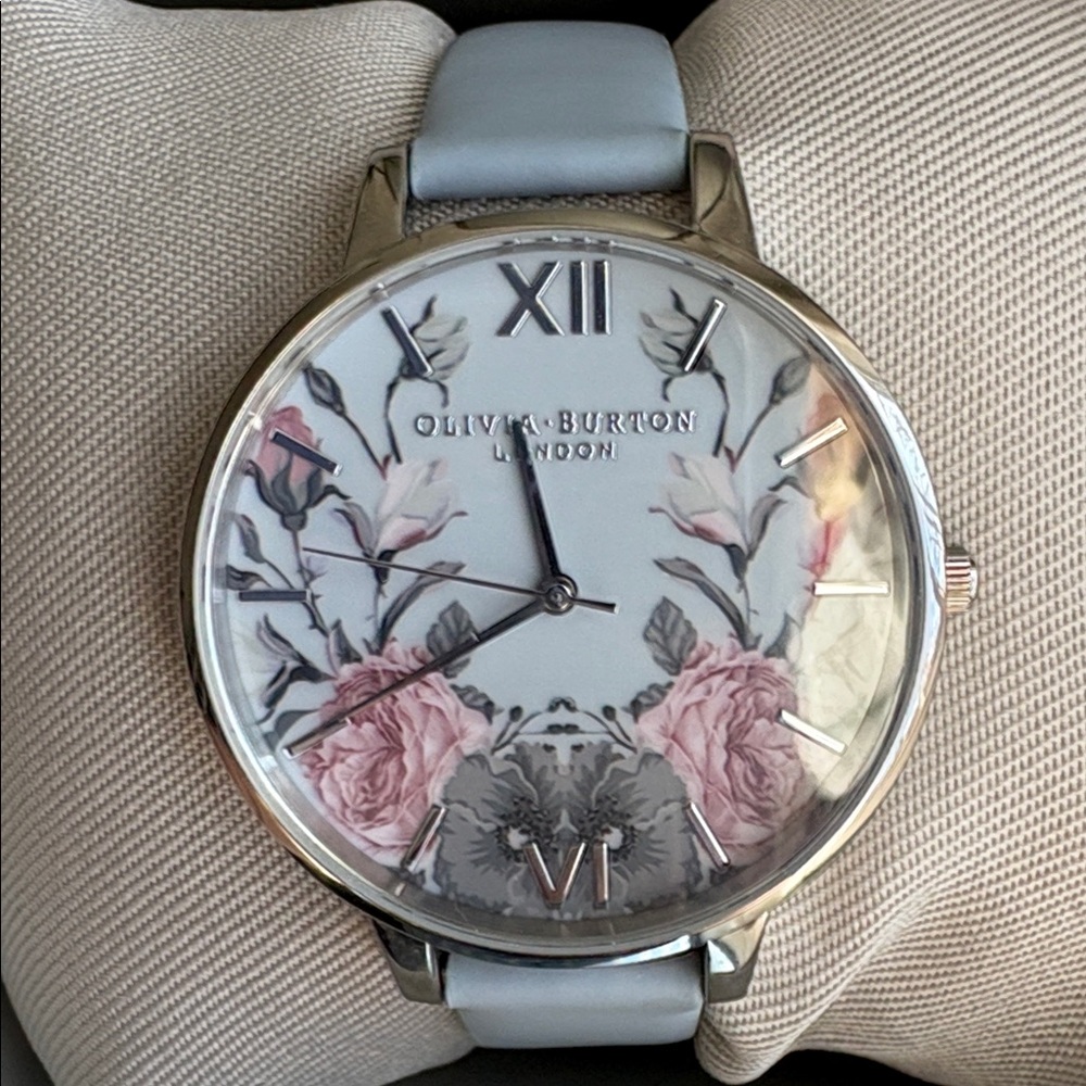 Olivia Burton Floral Watch - Silver/Light Blue Leather Strap - Picture 2 of 11